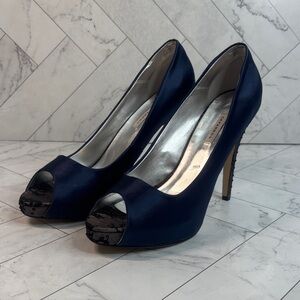 Caparros Womens Navy Satin Leather Sole Peep Toe Black Lace High Heels Size 12B